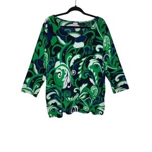 Chicos Travelers Top XL Green Blue White Swirl Print 3/4 Sleeve Boat Neck